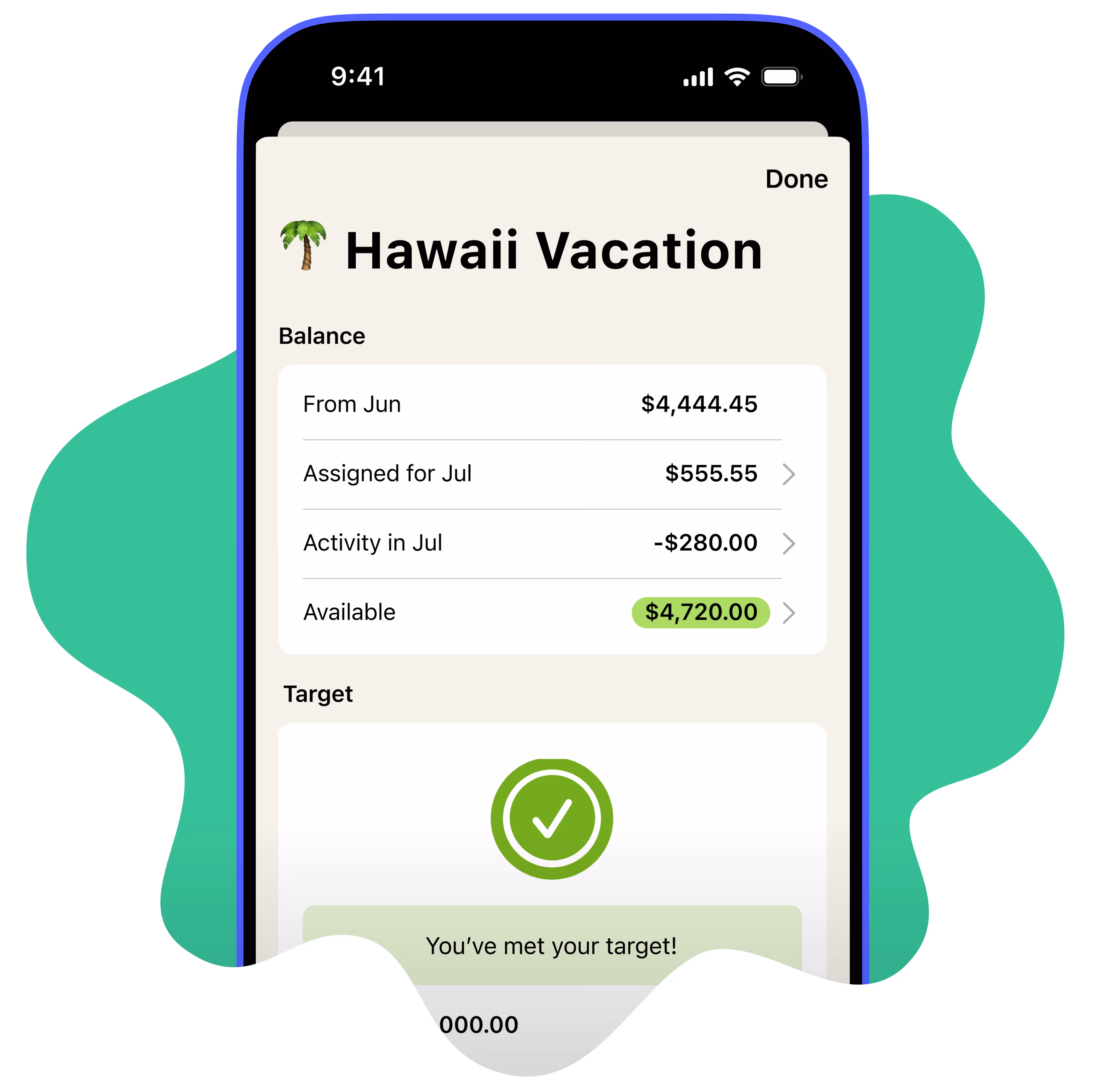 The target screen in the YNAB app showing savings for a trip to Hawaii